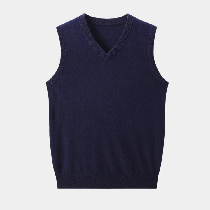 Gray men's knit V-neck vest, perfect for sophisticated layering in office or smart casual outfits.