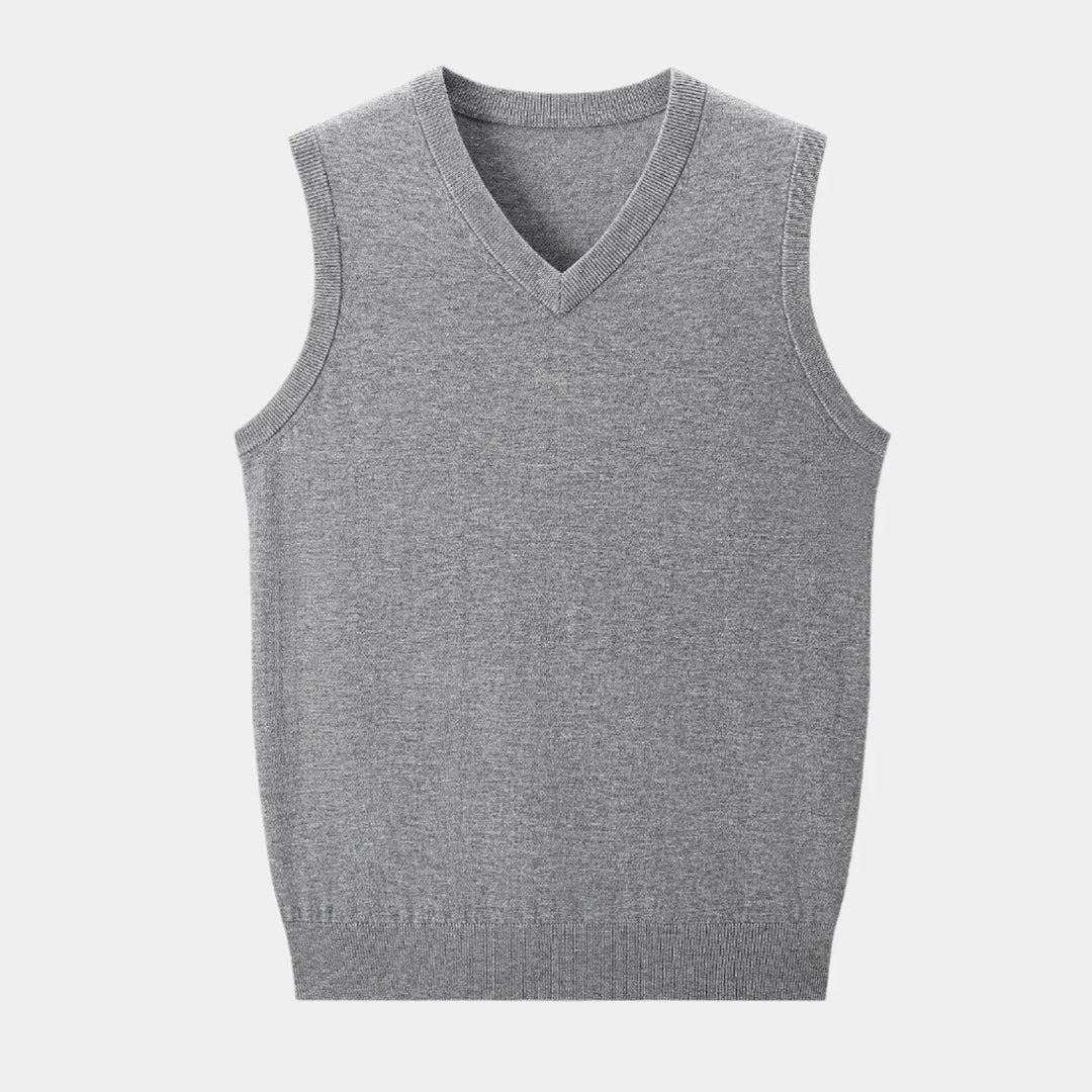 All-season men's V-neck knit vest. Versatile knitwear for men's fashion, suitable for smart casual looks.