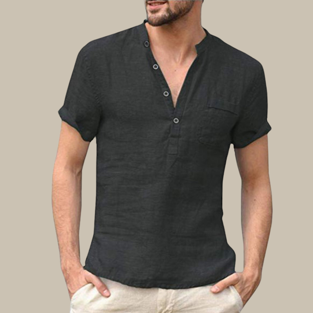 Men's V-neck short sleeve button shirt, ideal for casual summer fashion. Comfortable and stylish men's clothing.