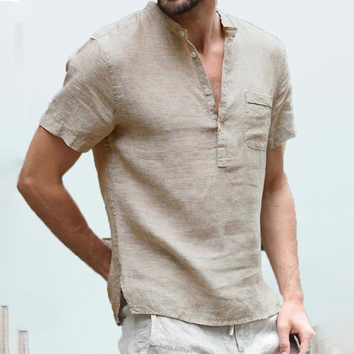 Casual men's V-neck button shirt, short sleeve linen blend for summer. Comfortable & modern men's fashion.