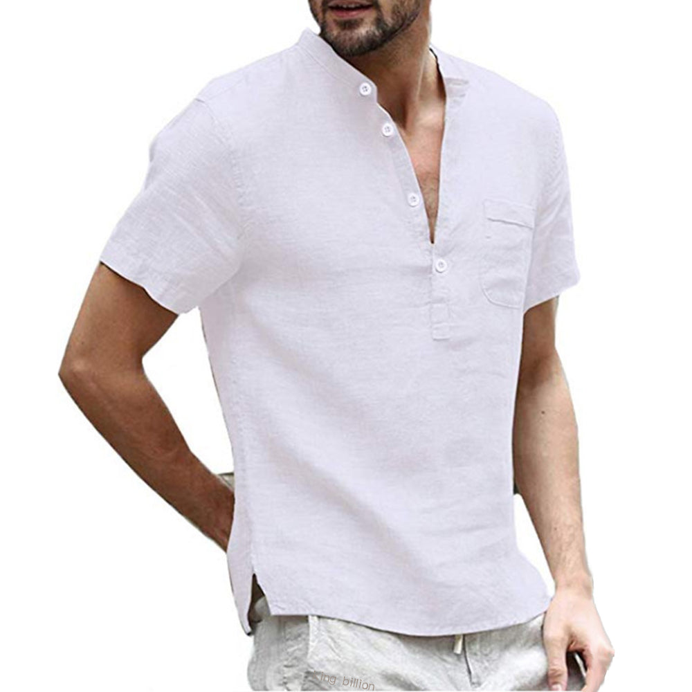 Versatile men's short sleeve V-neck shirt with buttons, perfect for summer casual & relaxed smart looks.