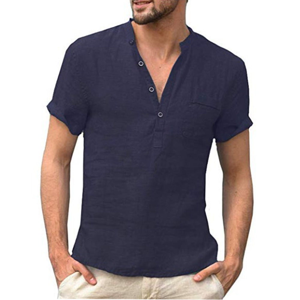 Closeup of a men's V-neck short sleeve button shirt, showcasing texture and casual fit. Summer essential.