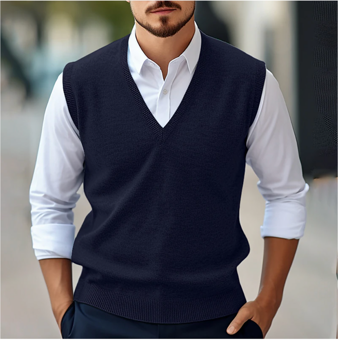 Classic men's V-neck knit sweater vest, a versatile layering piece for smart casual and professional business outfits.