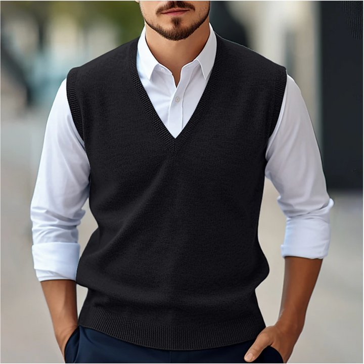 Comfortable men's V-neck sweater vest, a stylish layering piece for sharp smart casual and business attire.