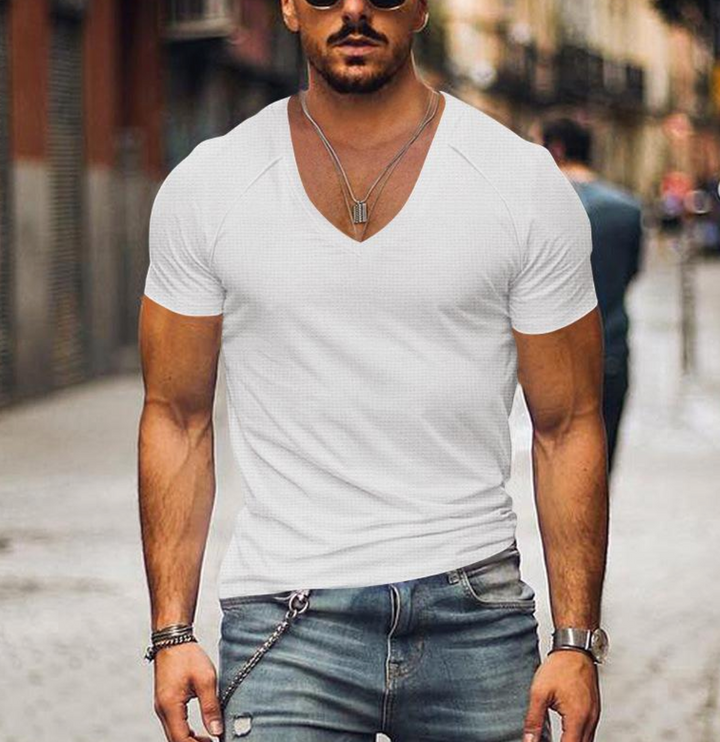 Classic fit men's V-neck tee. Comfortable short sleeve t-shirt, perfect for versatile everyday casual and leisure wear.