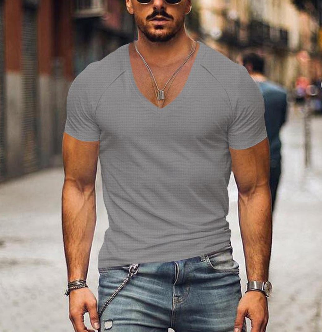 Modern men's V-neck t-shirt, a wardrobe essential for casual and leisure wear. Effortless everyday fashion and comfort.