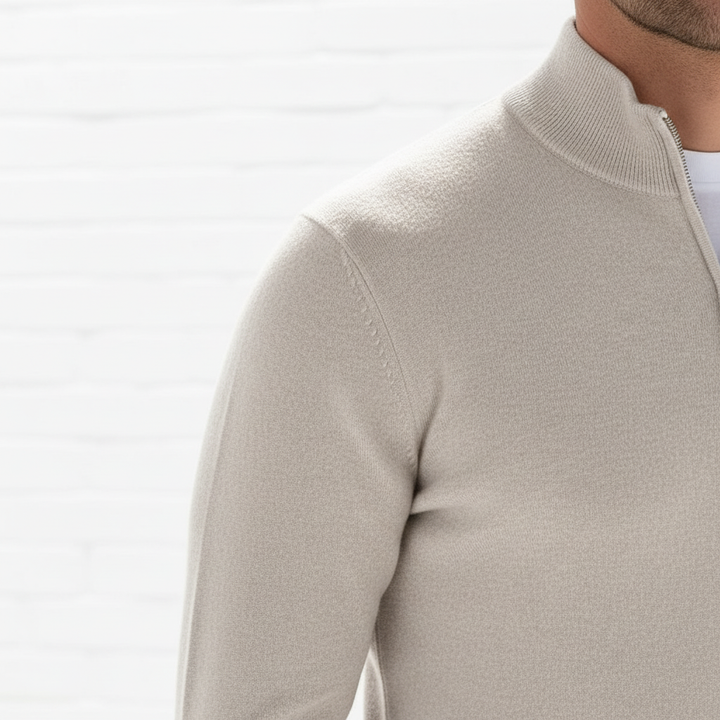 Close-up of V-neck zip sweater for men, showing knit texture