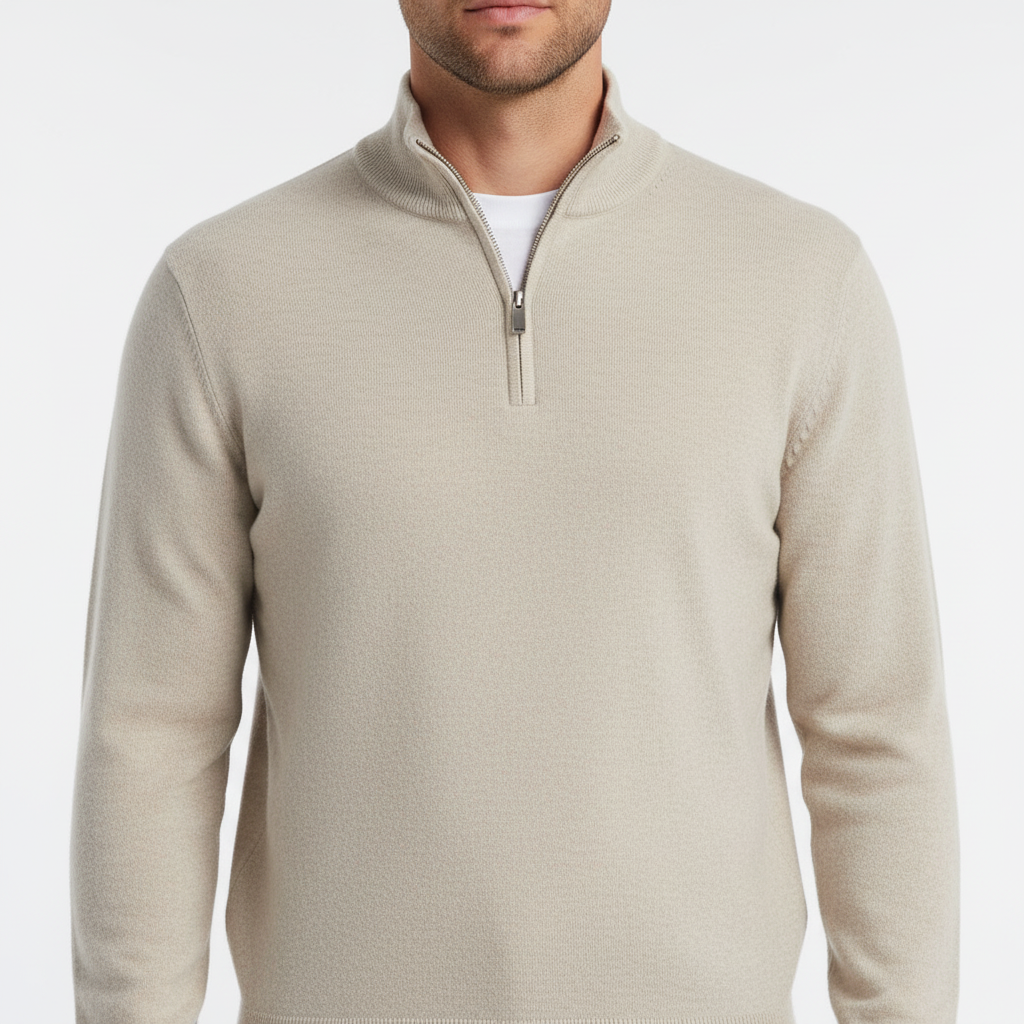 Man wearing a casual men's black v-neck zip sweater pullover
