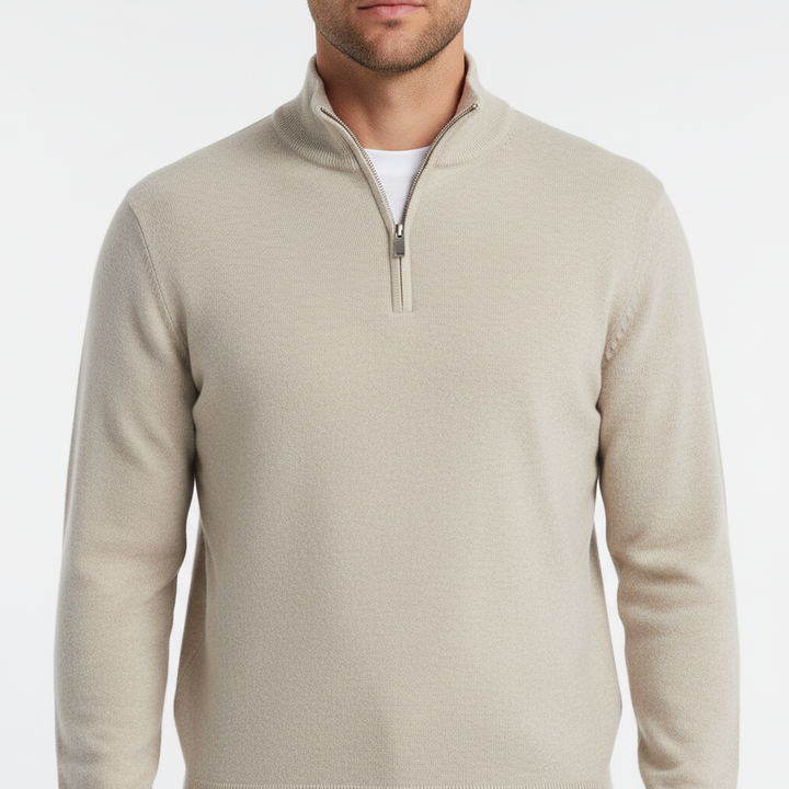 Man wearing a casual men's black v-neck zip sweater pullover