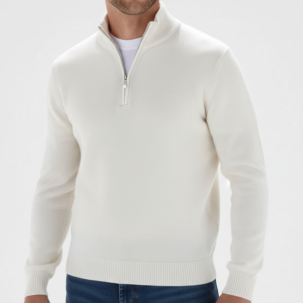 Detailed shot of zipper on men's merino wool v-neck sweater