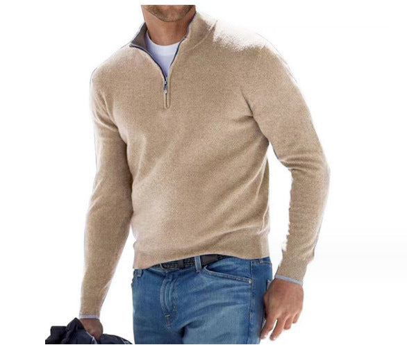 Men's elegant V-neck zipper sweater, perfect layering piece for fall and winter fashion.