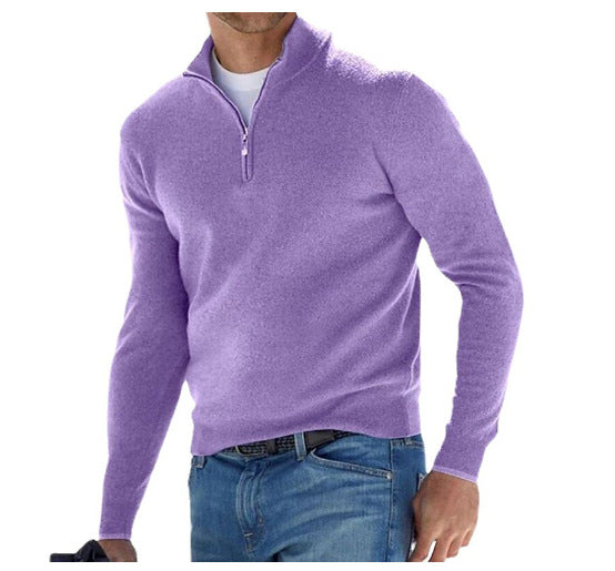 Stylish V-neck men's zipper sweater, soft texture, comfortable for cold weather.