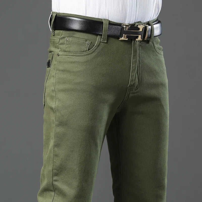 Army green Vance men's regular fit pants. Straight leg, versatile comfort for casual wear & all seasons.
