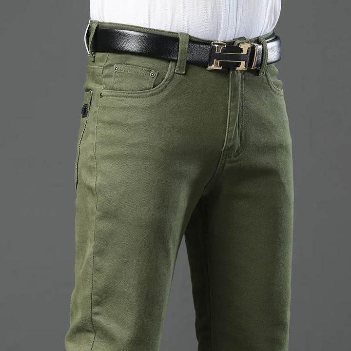 Army green Vance men's regular fit pants. Straight leg, versatile comfort for casual wear & all seasons.