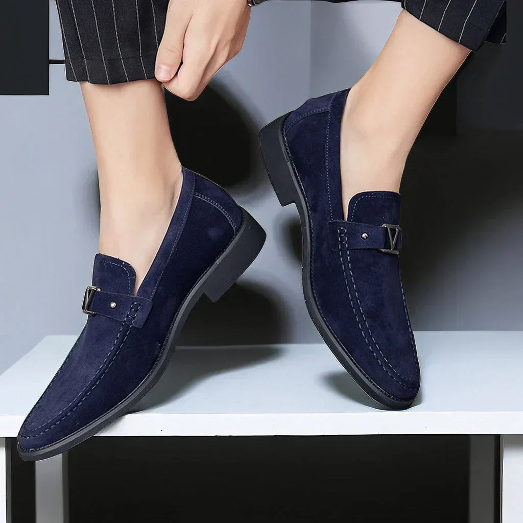 Close-up of men's vegan suede loafer texture, Bruce slip-on comfort shoes