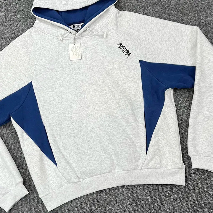 Men's Velden oversized hoodie, grey with blue contrast panels, comfortable streetwear style.