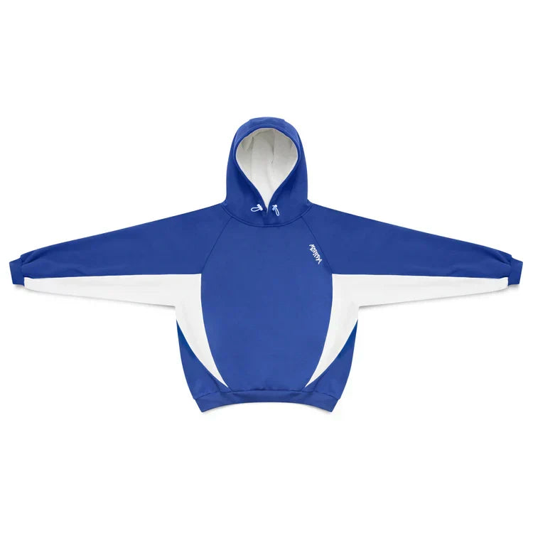 Velden men's oversized grey hoodie, blue contrast panels, designed for comfortable streetwear layering.