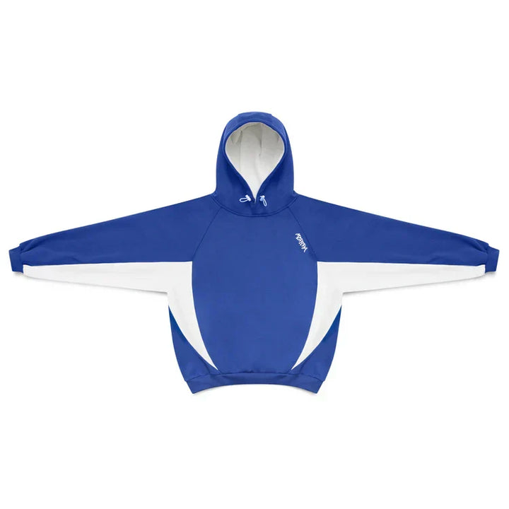 Velden men's oversized grey hoodie, blue contrast panels, designed for comfortable streetwear layering.
