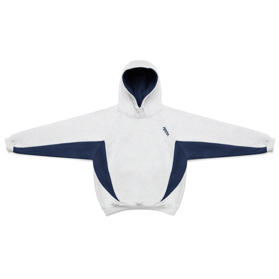 Oversized Velden hoodie for men, grey with blue contrast panels, perfect for casual wear and comfort.