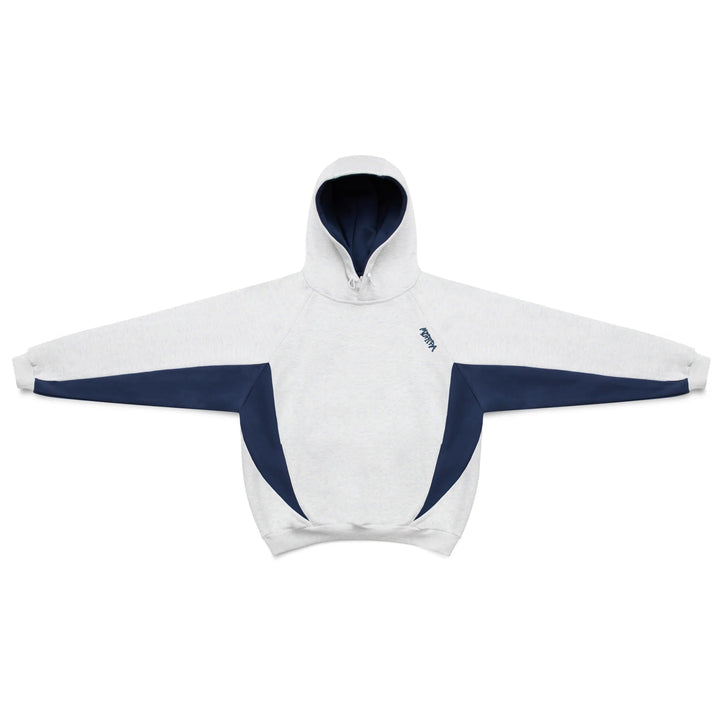 Oversized Velden hoodie for men, grey with blue contrast panels, perfect for casual wear and comfort.