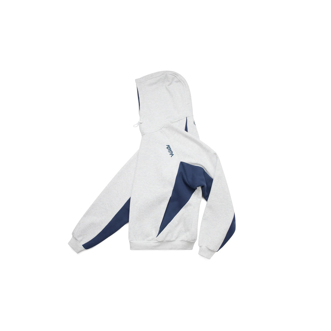 Comfortable Velden oversized men's hoodie in grey with stylish blue contrast panels for layering.