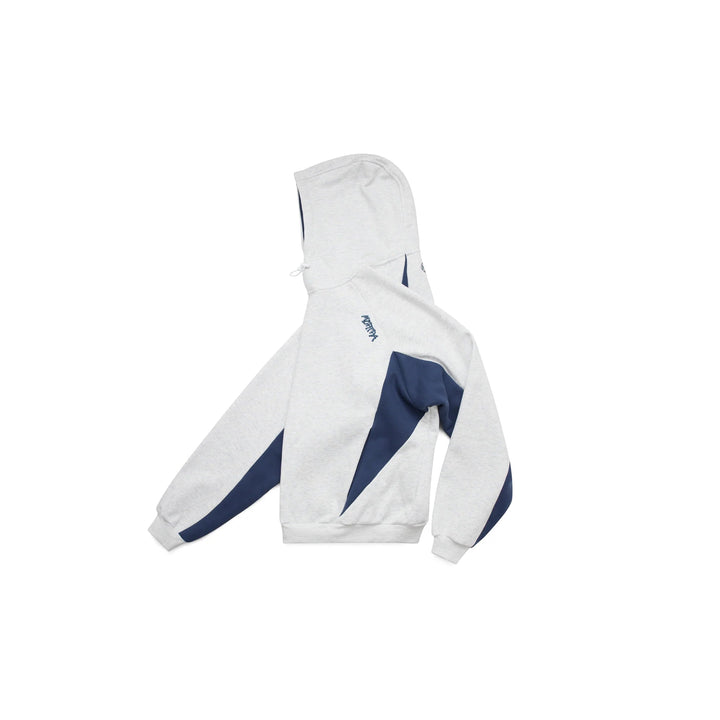 Comfortable Velden oversized men's hoodie in grey with stylish blue contrast panels for layering.