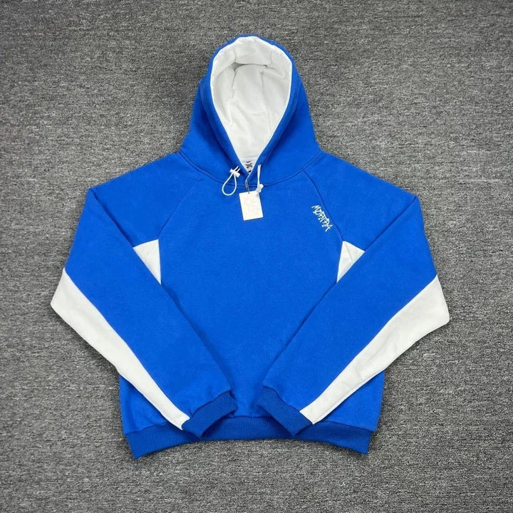 Grey and blue Velden oversized hoodie for men, a versatile piece for casual streetwear and athletic style.