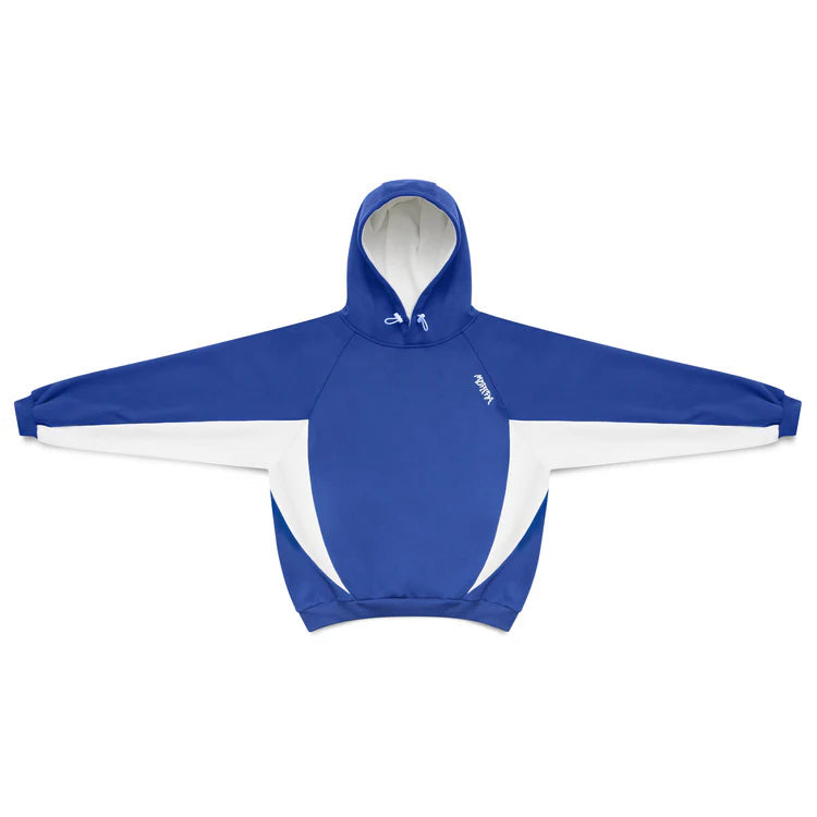 Modern men's Velden oversized hoodie, grey with sleek blue contrast panels, great for streetwear looks.