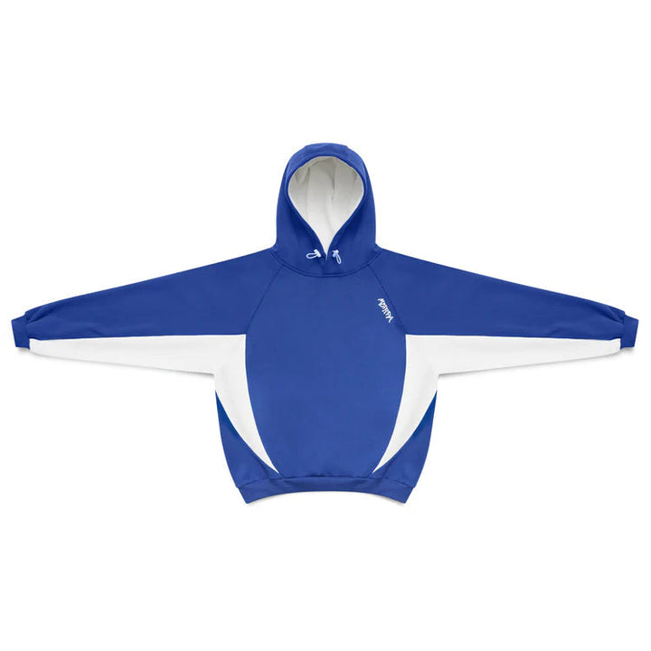 Modern men's Velden oversized hoodie, grey with sleek blue contrast panels, great for streetwear looks.