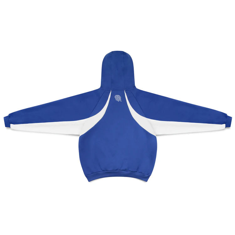 Stylish grey oversized hoodie for men with blue contrast panels, offering a relaxed Velden fit.