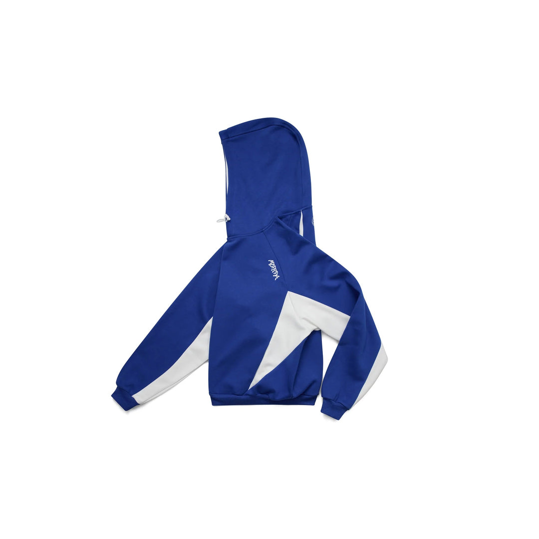 Soft Velden oversized hoodie for men, grey with striking blue contrast panels, ultimate comfort.
