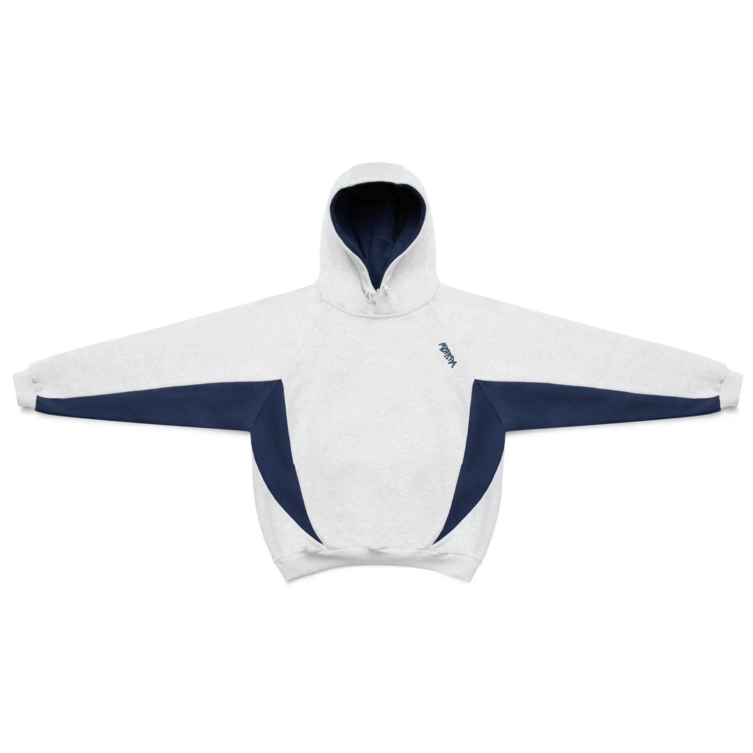 Men's grey oversized Velden hoodie with blue contrast panels, perfect for active casual or layering.