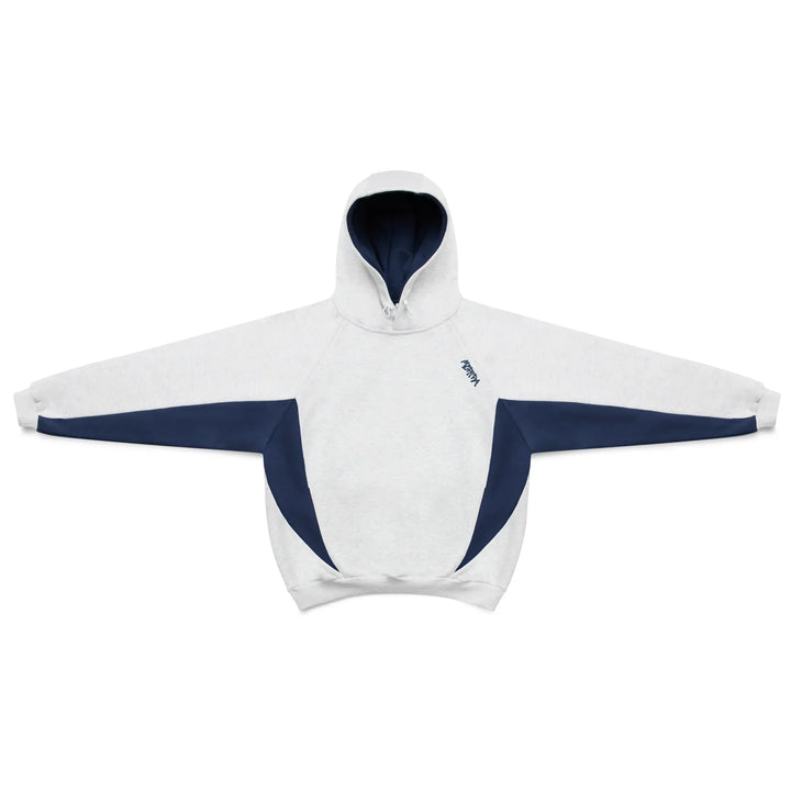 Men's grey oversized Velden hoodie with blue contrast panels, perfect for active casual or layering.