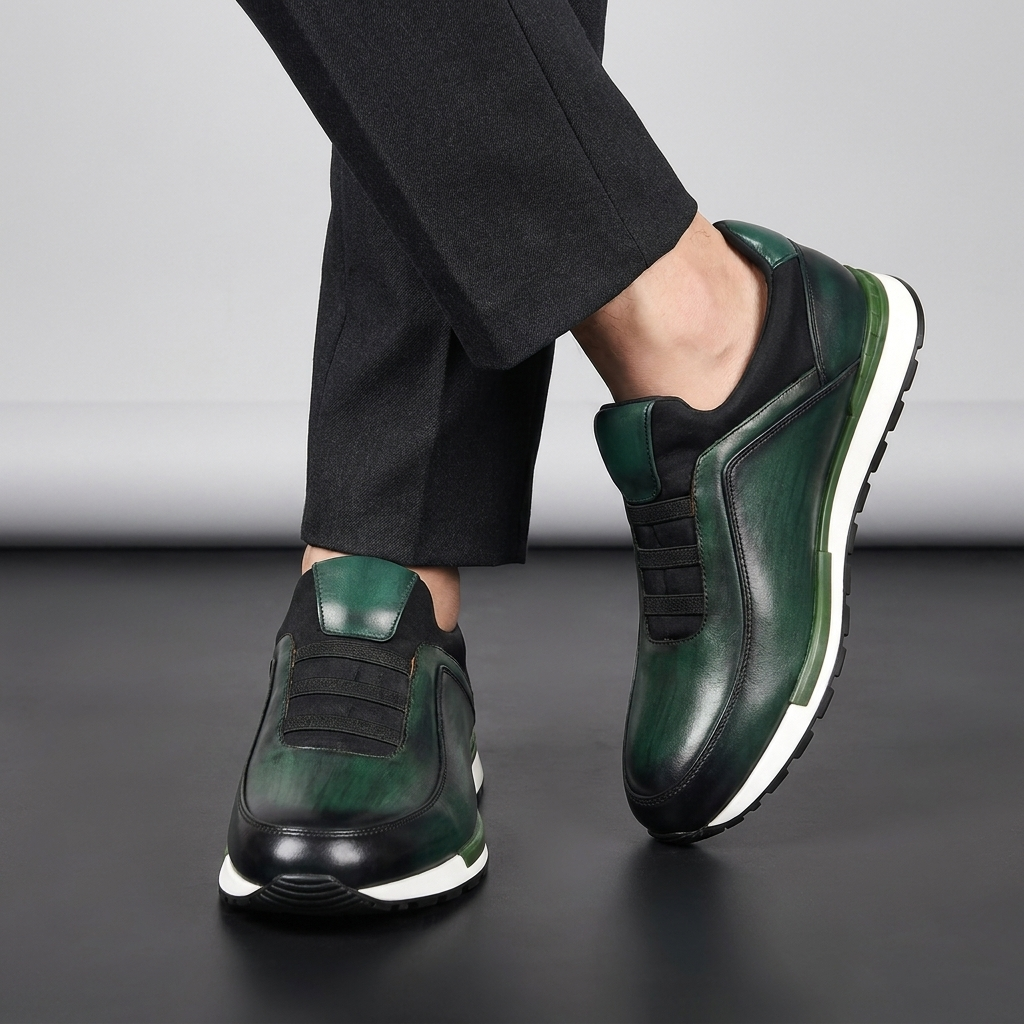 Sophisticated men's velour leather brogues paired with dress pants, showcasing timeless classic footwear style.
