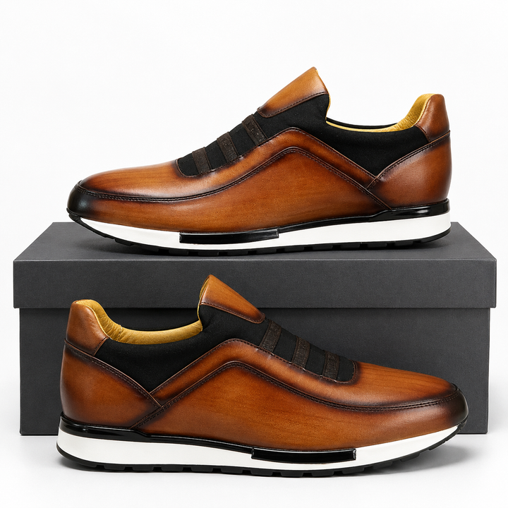 Side profile of retro-style men's velour leather brogues, elegant design. Breathable & comfortable men's shoes.