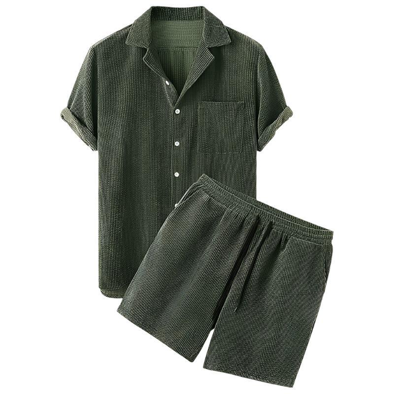 Side view of the men's two-piece velour outfit, highlighting the comfortable fit. Men's sportswear shorts set