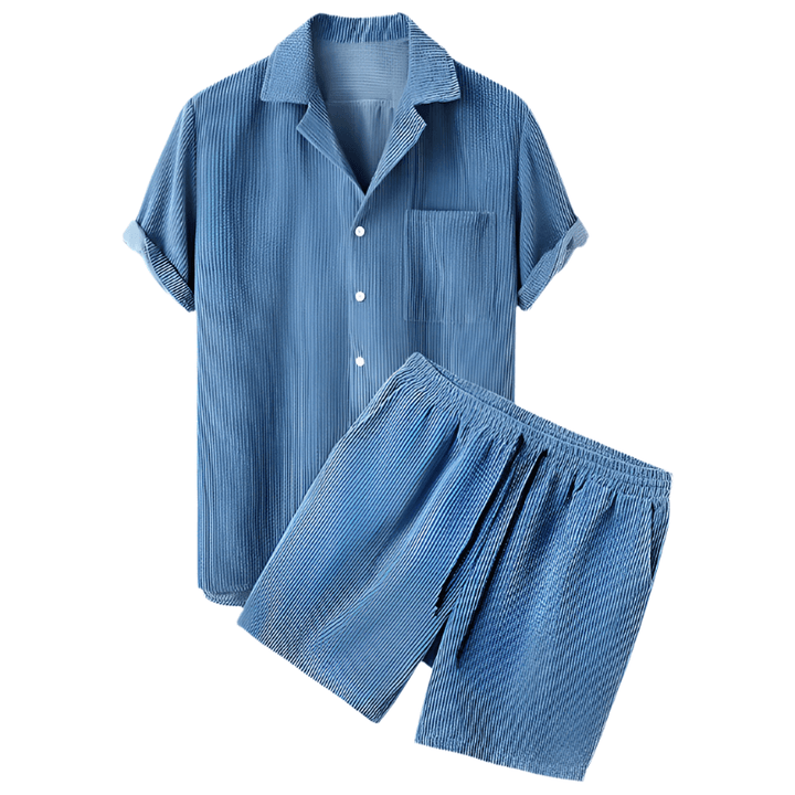 Detail of the waistband and drawstring on the men's velour shorts, part of the summer set. Casual men's outfit