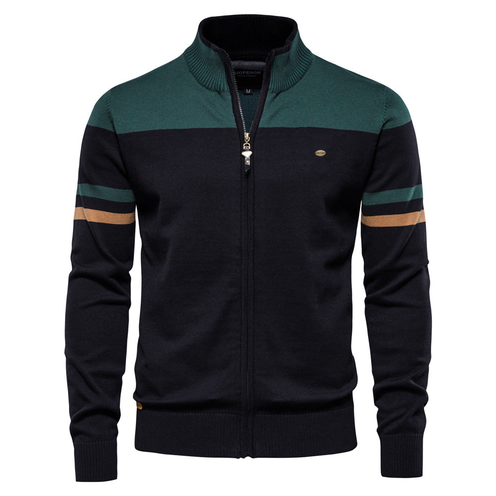 Modern stand collar of the men's colorblock zip-up cardigan, a stylish neckline for layering.