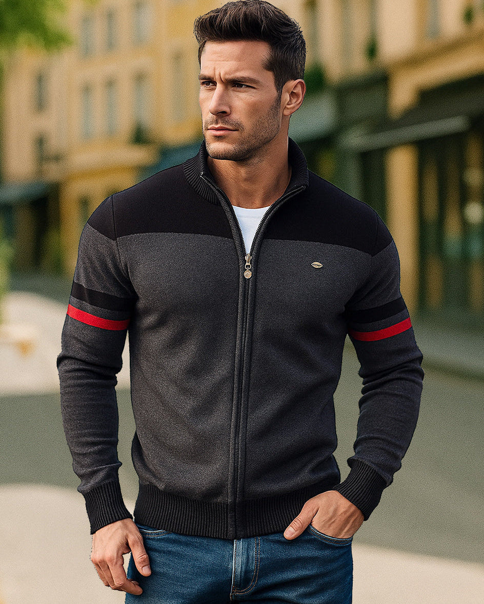 Soft men's colorblock sweater, a lightweight zip-up cardigan offering comfort & modern style.