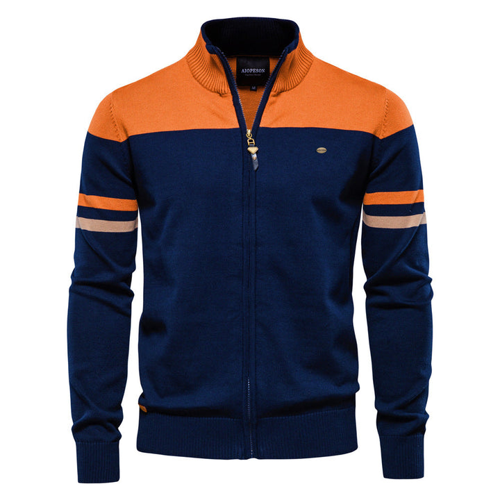 Side profile of stylish men's colorblock zip-up cardigan, a modern layering piece.