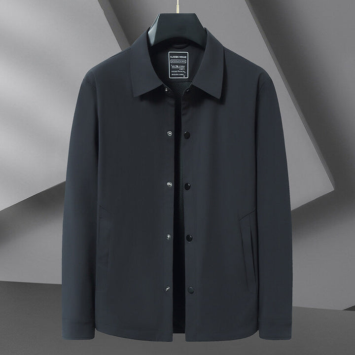 Stylish men's snap jacket, ideal for all seasons. Lightweight & water-repellent, great as casual outerwear for layering.
