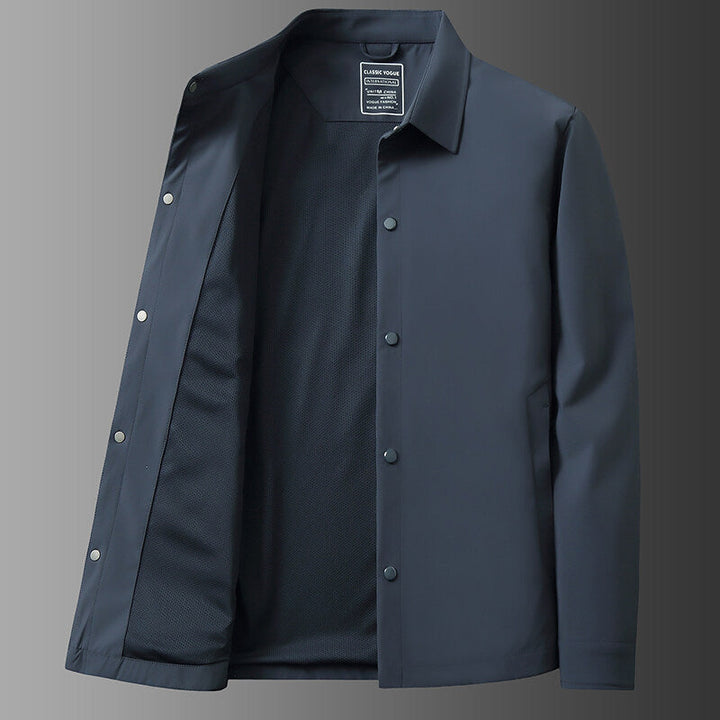 All-season men's snap jacket for travel & casual wear. Versatile, lightweight, water-repellent outerwear for men.