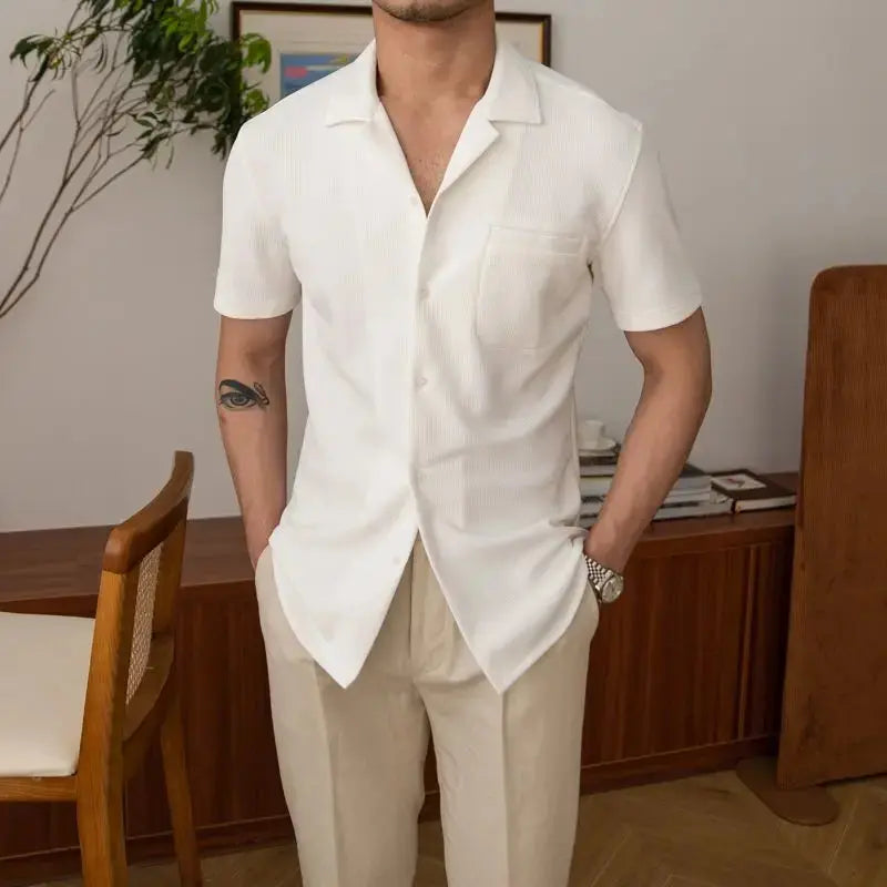 Nolan men's short sleeve button-up shirt in khaki, perfect for summer, casual outfits, or smart style.