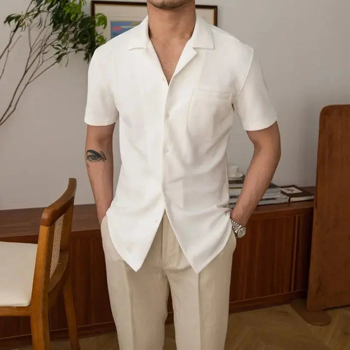 Nolan men's short sleeve button-up shirt in khaki, perfect for summer, casual outfits, or smart style.