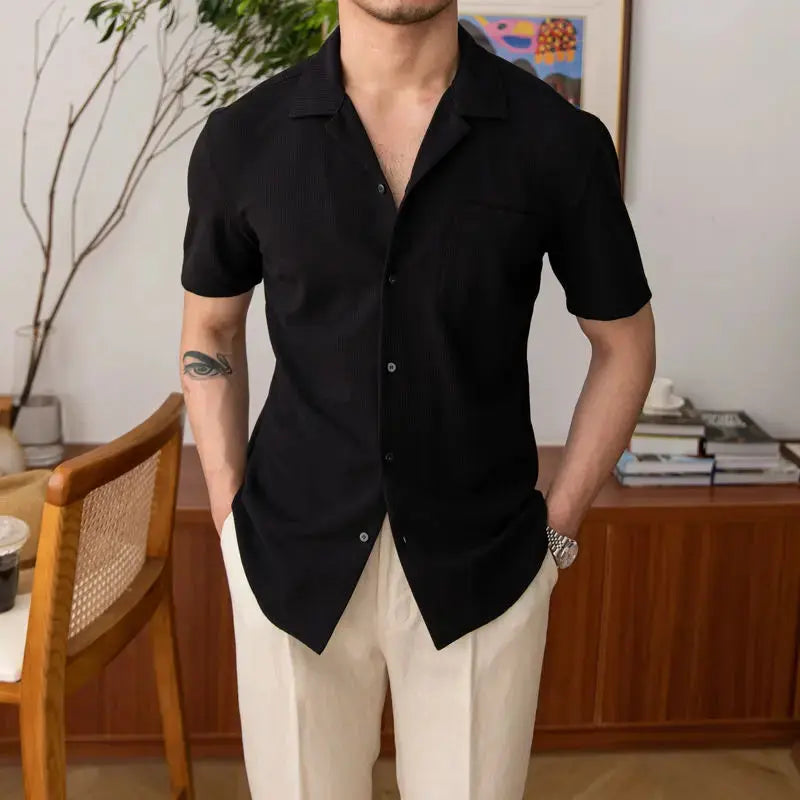 Versatile men's collared button-up shirt in black, white, or khaki for casual, formal, or summer wear.