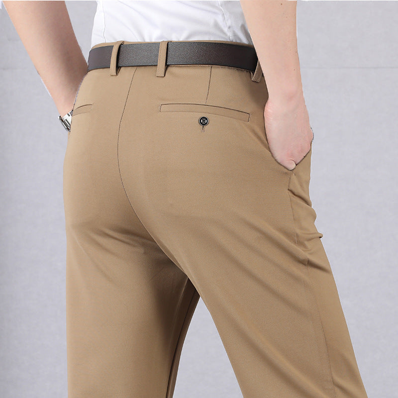 Comfortable men's blue stretch performance trousers, ideal for active and casual wear. Stylish menswear.
