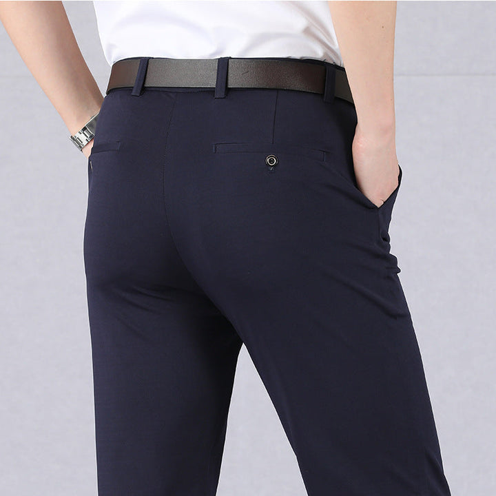 Stylish gray stretch dress pants for men, offering all-day comfort and a sleek look for office or events.