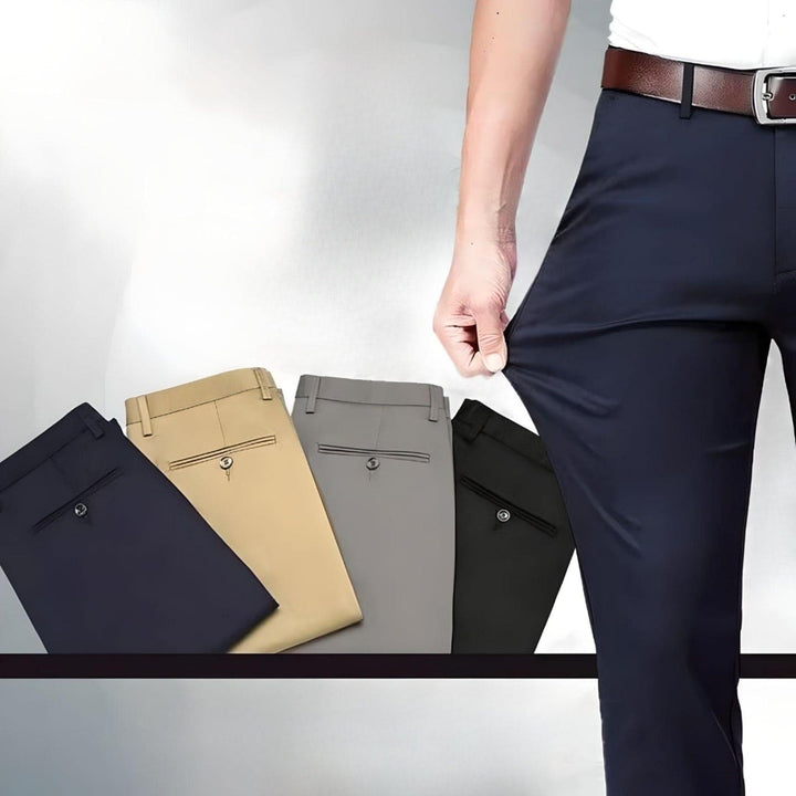 Stylish men's black versatile stretch dress pants, combining elegance with dynamic comfort for office wear.