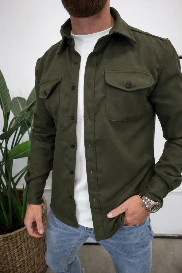 Men's stylish long sleeve overshirt jacket, button-up, with chest pockets; a great versatile layering piece.