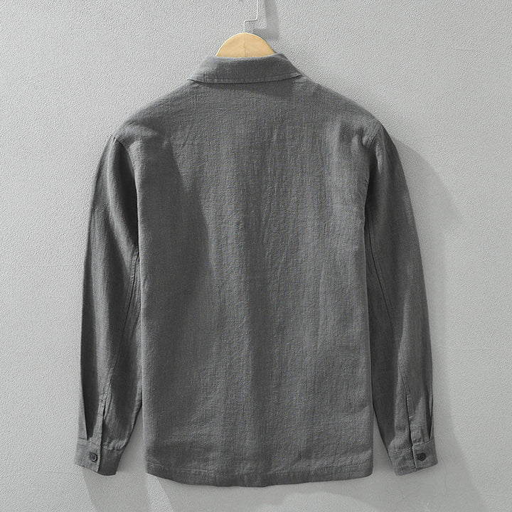 Men's button-up shacket, combining shirt comfort with jacket style for versatile wear.
